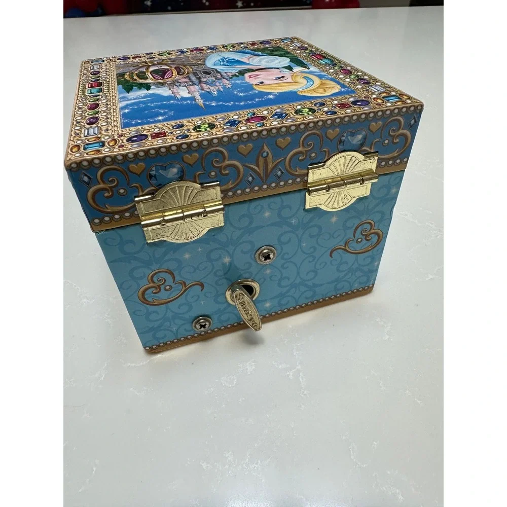 Disney Cinderella Musical Jewelry Box Blue Gold Wind Up Rotating Figurine Mirror
